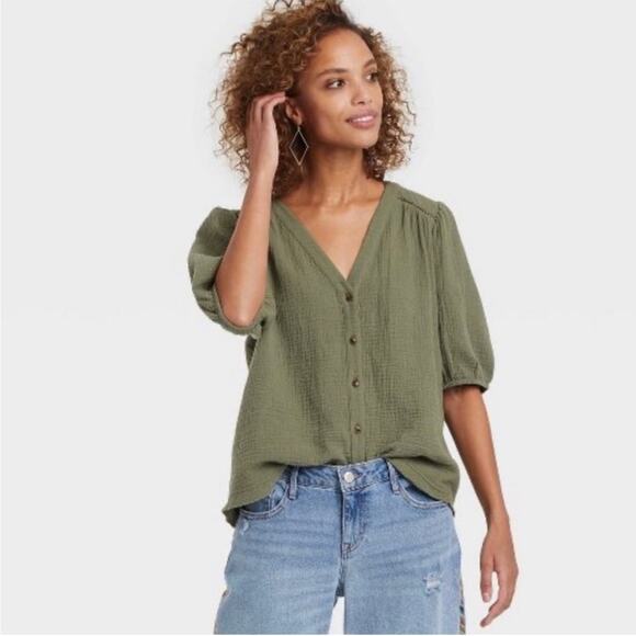 Knox Rose Women’s Sz Large Gauze Blouse Short Balloon Sleeves New NWT Olive - Picture 1 of 6
